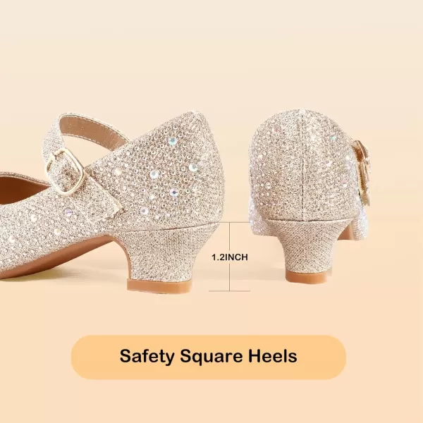 imagePANDANINJIA Girls Dress Shoes Mary Jane Shoes for Girls Low Girls Heels for Kids Toddler Flower Girl Wedding Party SchoolM Gold Rhinestone