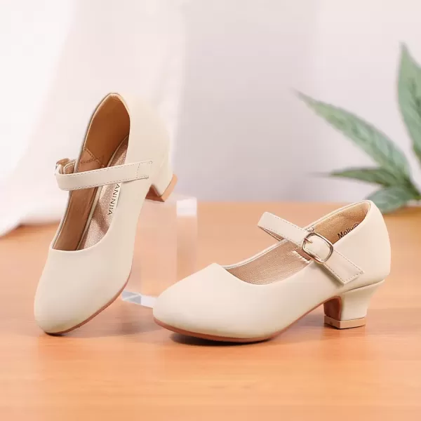 imagePANDANINJIA Girls Dress Shoes Mary Jane Shoes for Girls Low Girls Heels for Kids Toddler Flower Girl Wedding Party SchoolM Nude Nubuck