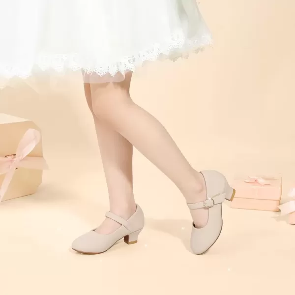 imagePANDANINJIA Girls Dress Shoes Mary Jane Shoes for Girls Low Girls Heels for Kids Toddler Flower Girl Wedding Party SchoolM Nude Nubuck