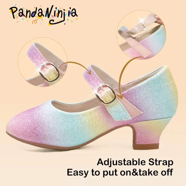 imagePANDANINJIA Girls Dress Shoes Mary Jane Shoes for Girls Low Girls Heels for Kids Toddler Flower Girl Wedding Party SchoolM Rainbow Glitter