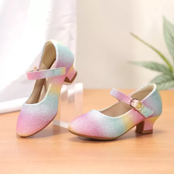 imagePANDANINJIA Girls Dress Shoes Mary Jane Shoes for Girls Low Girls Heels for Kids Toddler Flower Girl Wedding Party SchoolM Rainbow Glitter