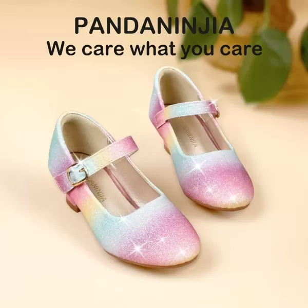 imagePANDANINJIA Girls Dress Shoes Mary Jane Shoes for Girls Low Girls Heels for Kids Toddler Flower Girl Wedding Party SchoolM Rainbow Glitter