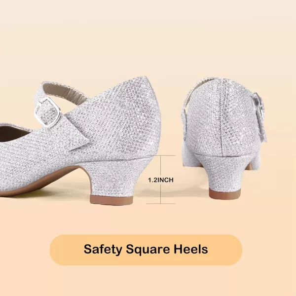 imagePANDANINJIA Girls Dress Shoes Mary Jane Shoes for Girls Low Girls Heels for Kids Toddler Flower Girl Wedding Party SchoolM Silver Glitter