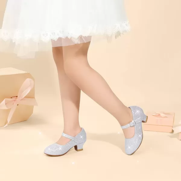 imagePANDANINJIA Girls Dress Shoes Mary Jane Shoes for Girls Low Girls Heels for Kids Toddler Flower Girl Wedding Party SchoolM Silver Glitter
