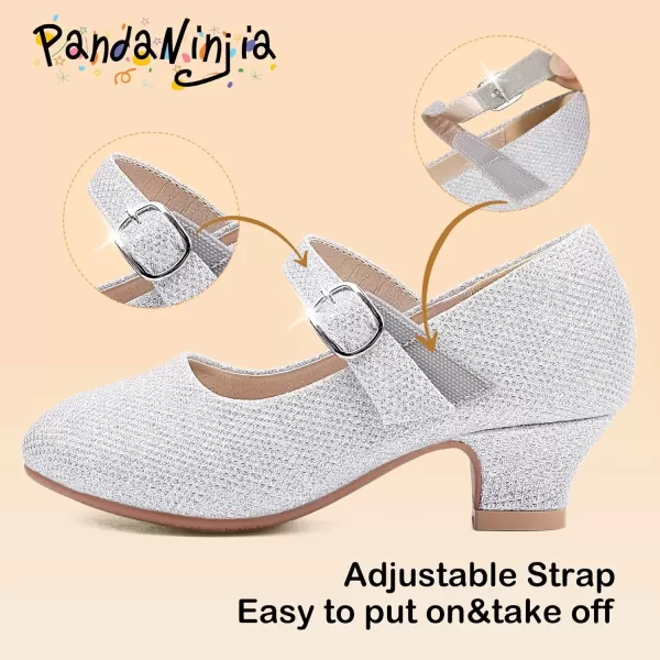 imagePANDANINJIA Girls Dress Shoes Mary Jane Shoes for Girls Low Girls Heels for Kids Toddler Flower Girl Wedding Party SchoolM Silver Glitter