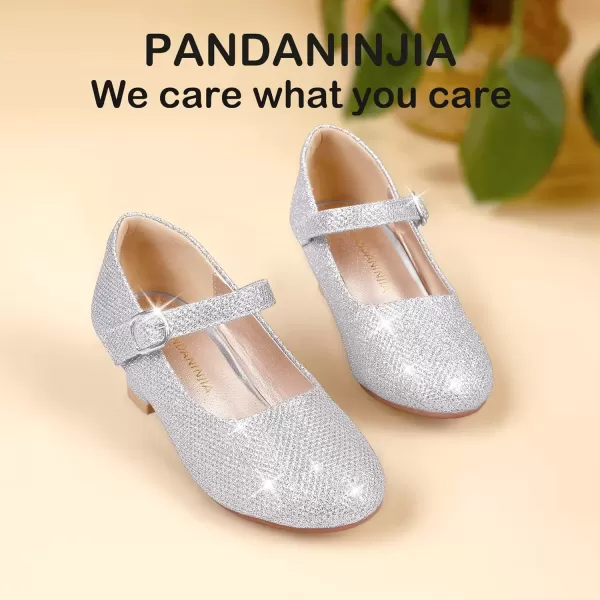 imagePANDANINJIA Girls Dress Shoes Mary Jane Shoes for Girls Low Girls Heels for Kids Toddler Flower Girl Wedding Party SchoolM Silver Glitter