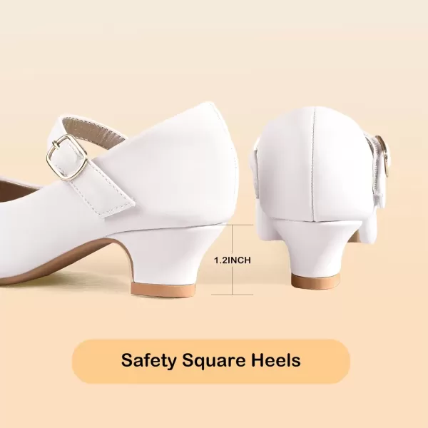 imagePANDANINJIA Girls Dress Shoes Mary Jane Shoes for Girls Low Girls Heels for Kids Toddler Flower Girl Wedding Party SchoolM White Pu