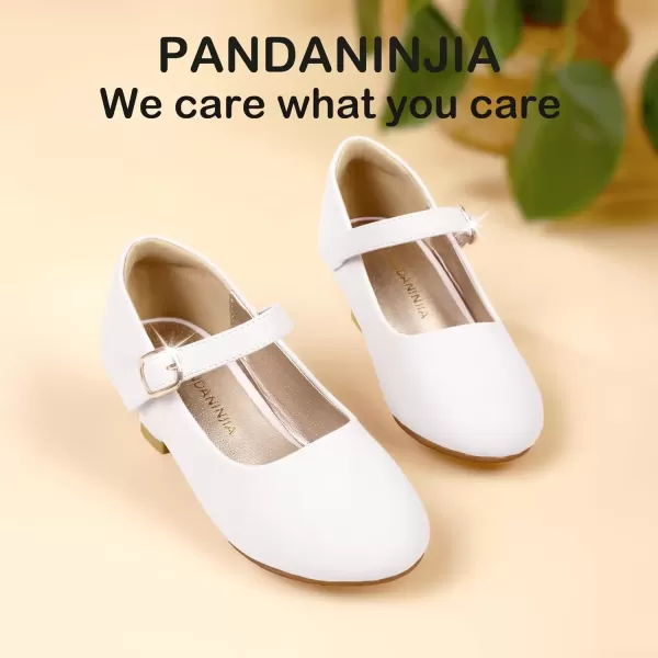 imagePANDANINJIA Girls Dress Shoes Mary Jane Shoes for Girls Low Girls Heels for Kids Toddler Flower Girl Wedding Party SchoolM White Pu