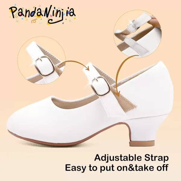 imagePANDANINJIA Girls Dress Shoes Mary Jane Shoes for Girls Low Girls Heels for Kids Toddler Flower Girl Wedding Party SchoolM White Pu
