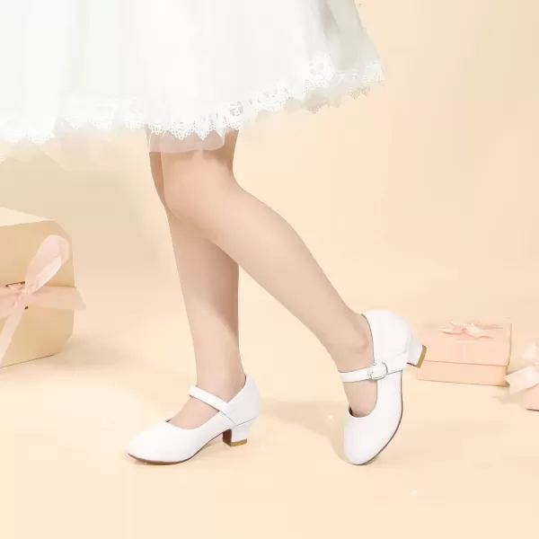 imagePANDANINJIA Girls Dress Shoes Mary Jane Shoes for Girls Low Girls Heels for Kids Toddler Flower Girl Wedding Party SchoolM White Pu