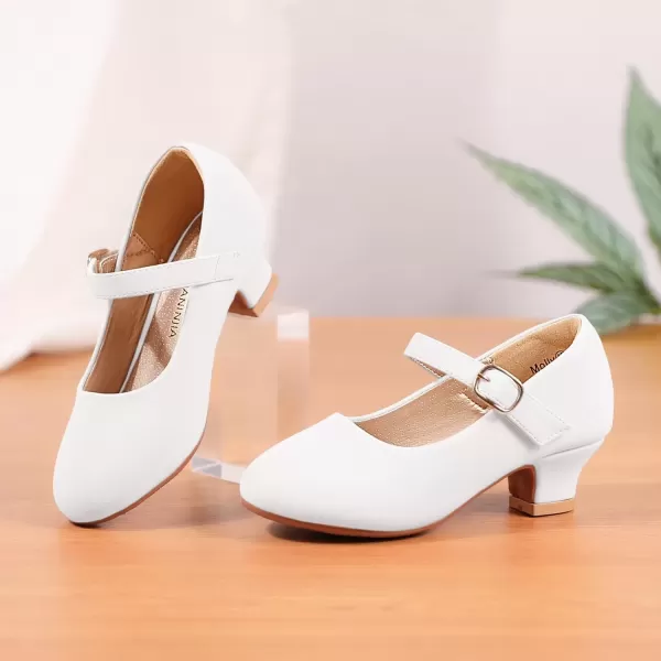 imagePANDANINJIA Girls Dress Shoes Mary Jane Shoes for Girls Low Girls Heels for Kids Toddler Flower Girl Wedding Party SchoolM White Pu