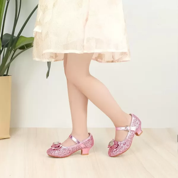 imagePANDANINJIA Girls Dress Shoes Mary Jane Shoes for Girls Low Girls Heels for Kids Toddler Flower Girl Wedding Party SchoolPink Sequin 01