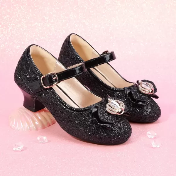 imagePANDANINJIA Girls Dress Shoes Mary Jane Shoes for Girls Low Girls Heels for Kids Toddler Flower Girl Wedding Party SchoolS Black Sequin