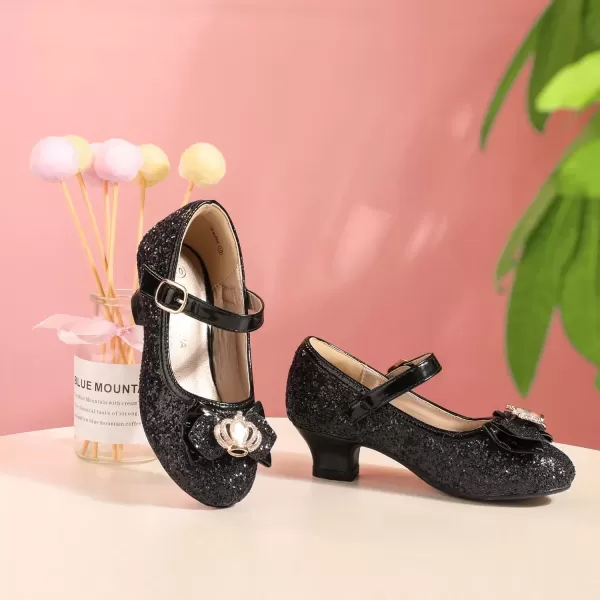 imagePANDANINJIA Girls Dress Shoes Mary Jane Shoes for Girls Low Girls Heels for Kids Toddler Flower Girl Wedding Party SchoolS Black Sequin