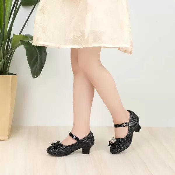 imagePANDANINJIA Girls Dress Shoes Mary Jane Shoes for Girls Low Girls Heels for Kids Toddler Flower Girl Wedding Party SchoolS Black Sequin