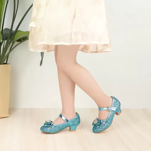 imagePANDANINJIA Girls Dress Shoes Mary Jane Shoes for Girls Low Girls Heels for Kids Toddler Flower Girl Wedding Party SchoolS Blue Sequin