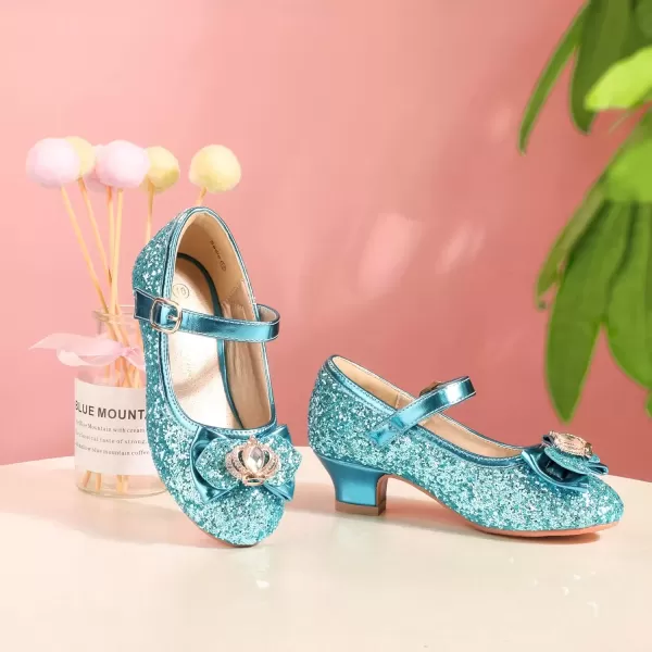 imagePANDANINJIA Girls Dress Shoes Mary Jane Shoes for Girls Low Girls Heels for Kids Toddler Flower Girl Wedding Party SchoolS Blue Sequin