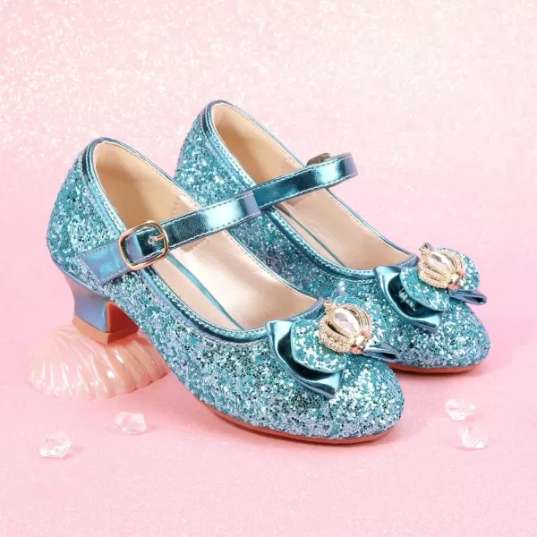 imagePANDANINJIA Girls Dress Shoes Mary Jane Shoes for Girls Low Girls Heels for Kids Toddler Flower Girl Wedding Party SchoolS Blue Sequin