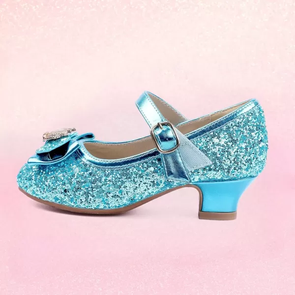 imagePANDANINJIA Girls Dress Shoes Mary Jane Shoes for Girls Low Girls Heels for Kids Toddler Flower Girl Wedding Party SchoolS Blue Sequin