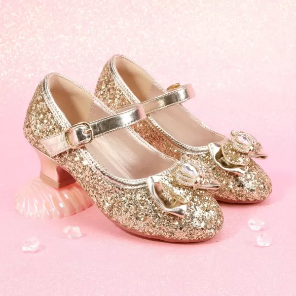 imagePANDANINJIA Girls Dress Shoes Mary Jane Shoes for Girls Low Girls Heels for Kids Toddler Flower Girl Wedding Party SchoolS Gold Sequin