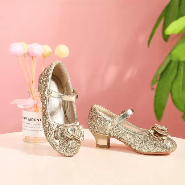 imagePANDANINJIA Girls Dress Shoes Mary Jane Shoes for Girls Low Girls Heels for Kids Toddler Flower Girl Wedding Party SchoolS Gold Sequin