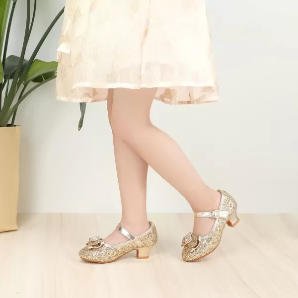 imagePANDANINJIA Girls Dress Shoes Mary Jane Shoes for Girls Low Girls Heels for Kids Toddler Flower Girl Wedding Party SchoolS Gold Sequin