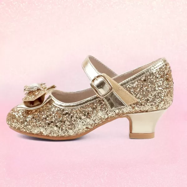 imagePANDANINJIA Girls Dress Shoes Mary Jane Shoes for Girls Low Girls Heels for Kids Toddler Flower Girl Wedding Party SchoolS Gold Sequin
