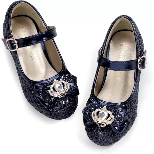 imagePANDANINJIA Girls Dress Shoes Mary Jane Shoes for Girls Low Girls Heels for Kids Toddler Flower Girl Wedding Party SchoolS Navy Blue Sequin