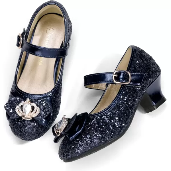 imagePANDANINJIA Girls Dress Shoes Mary Jane Shoes for Girls Low Girls Heels for Kids Toddler Flower Girl Wedding Party SchoolS Navy Blue Sequin