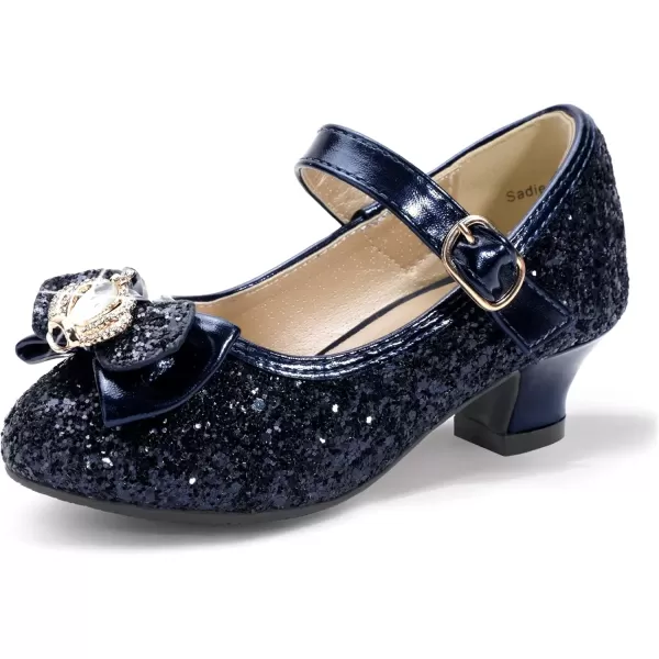 imagePANDANINJIA Girls Dress Shoes Mary Jane Shoes for Girls Low Girls Heels for Kids Toddler Flower Girl Wedding Party SchoolS Navy Blue Sequin
