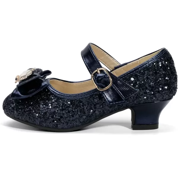 imagePANDANINJIA Girls Dress Shoes Mary Jane Shoes for Girls Low Girls Heels for Kids Toddler Flower Girl Wedding Party SchoolS Navy Blue Sequin