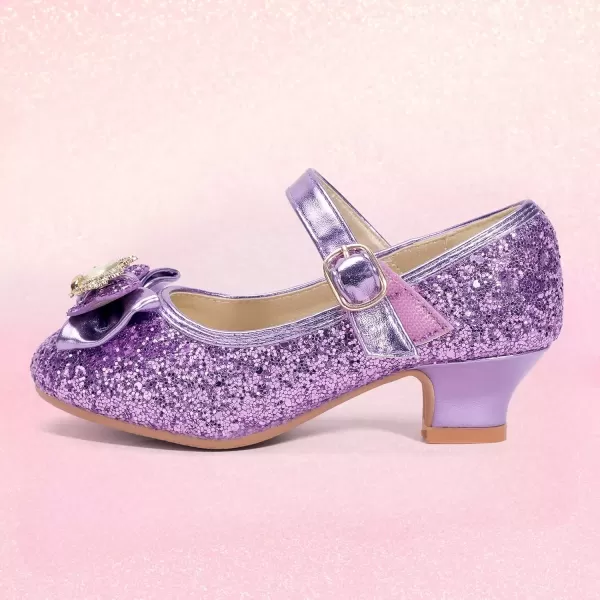 imagePANDANINJIA Girls Dress Shoes Mary Jane Shoes for Girls Low Girls Heels for Kids Toddler Flower Girl Wedding Party SchoolS Purple Sequin