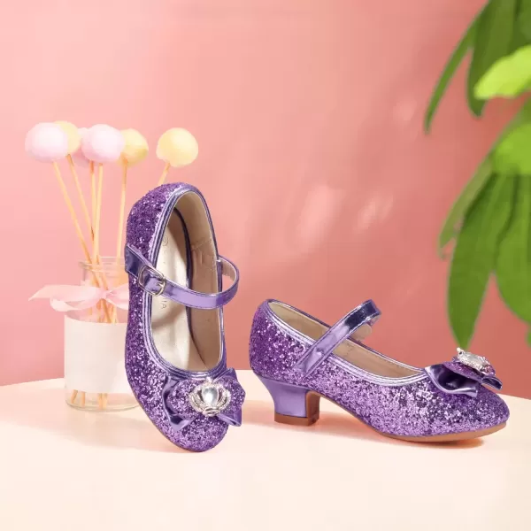 imagePANDANINJIA Girls Dress Shoes Mary Jane Shoes for Girls Low Girls Heels for Kids Toddler Flower Girl Wedding Party SchoolS Purple Sequin