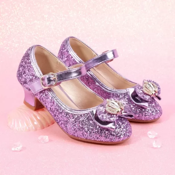 imagePANDANINJIA Girls Dress Shoes Mary Jane Shoes for Girls Low Girls Heels for Kids Toddler Flower Girl Wedding Party SchoolS Purple Sequin