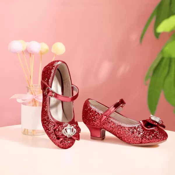 imagePANDANINJIA Girls Dress Shoes Mary Jane Shoes for Girls Low Girls Heels for Kids Toddler Flower Girl Wedding Party SchoolS Red Sequin