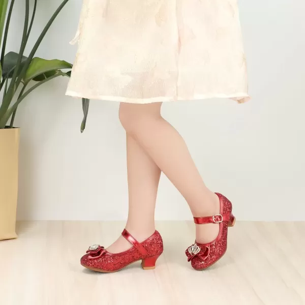 imagePANDANINJIA Girls Dress Shoes Mary Jane Shoes for Girls Low Girls Heels for Kids Toddler Flower Girl Wedding Party SchoolS Red Sequin