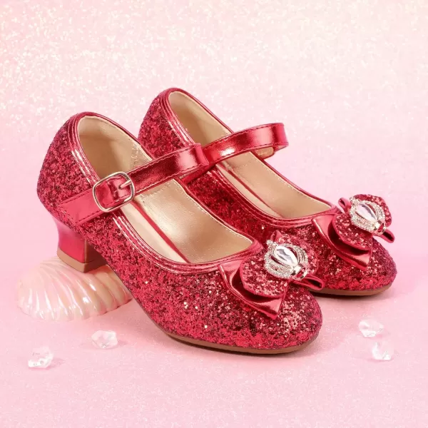 imagePANDANINJIA Girls Dress Shoes Mary Jane Shoes for Girls Low Girls Heels for Kids Toddler Flower Girl Wedding Party SchoolS Red Sequin