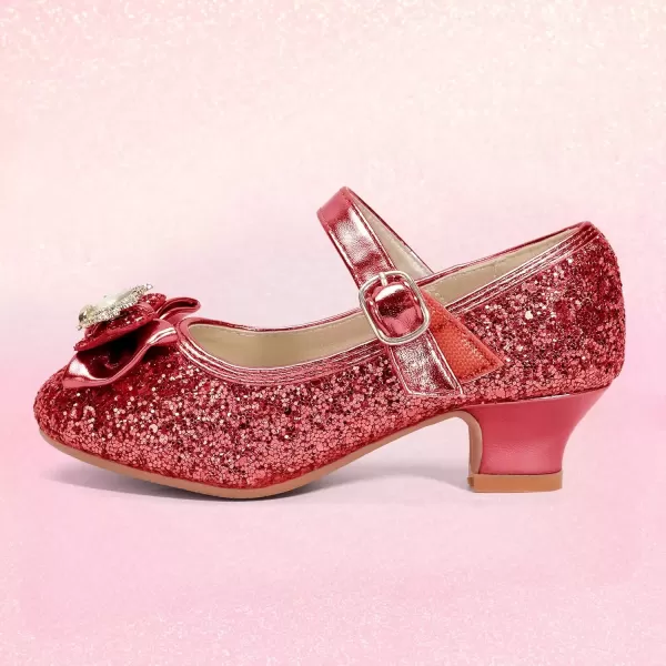 imagePANDANINJIA Girls Dress Shoes Mary Jane Shoes for Girls Low Girls Heels for Kids Toddler Flower Girl Wedding Party SchoolS Red Sequin