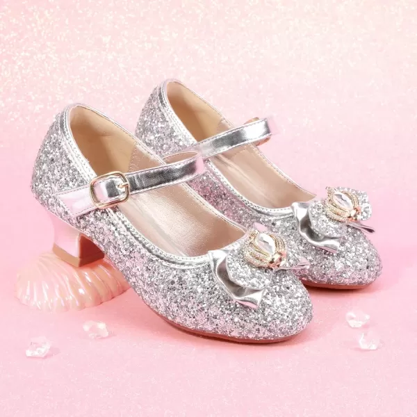 imagePANDANINJIA Girls Dress Shoes Mary Jane Shoes for Girls Low Girls Heels for Kids Toddler Flower Girl Wedding Party SchoolS Silver Sequin