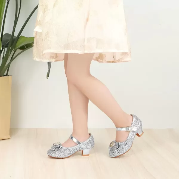 imagePANDANINJIA Girls Dress Shoes Mary Jane Shoes for Girls Low Girls Heels for Kids Toddler Flower Girl Wedding Party SchoolS Silver Sequin