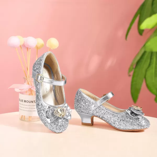 imagePANDANINJIA Girls Dress Shoes Mary Jane Shoes for Girls Low Girls Heels for Kids Toddler Flower Girl Wedding Party SchoolS Silver Sequin