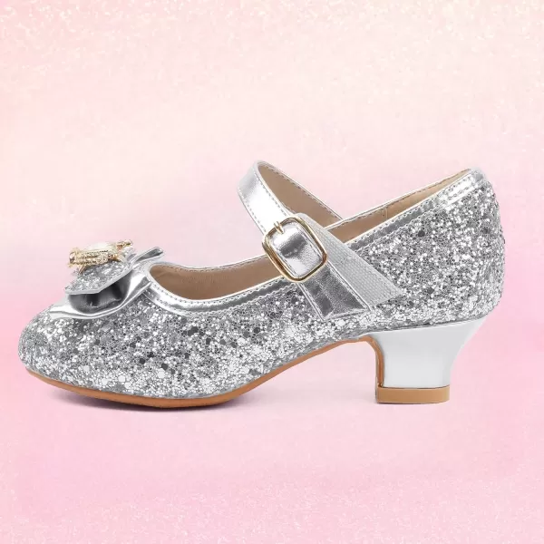imagePANDANINJIA Girls Dress Shoes Mary Jane Shoes for Girls Low Girls Heels for Kids Toddler Flower Girl Wedding Party SchoolS Silver Sequin