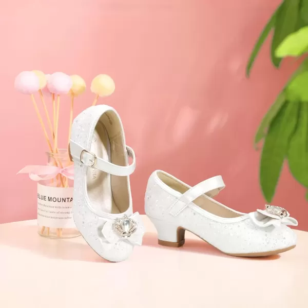 imagePANDANINJIA Girls Dress Shoes Mary Jane Shoes for Girls Low Girls Heels for Kids Toddler Flower Girl Wedding Party SchoolS White Sequin