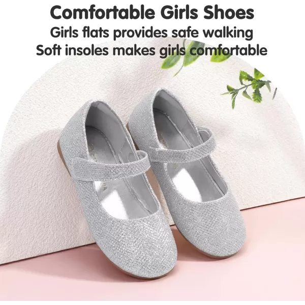 imagePANDANINJIA Girls Dress Shoes Toddler Flower Girl Kids Mary Jane Shoes Ballet Flats School Wedding Party Church Girls ShoesSilver Glitter