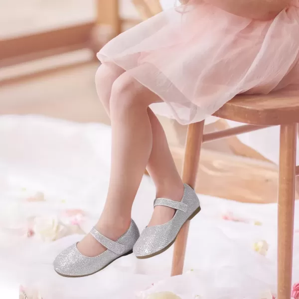 imagePANDANINJIA Girls Dress Shoes Toddler Flower Girl Kids Mary Jane Shoes Ballet Flats School Wedding Party Church Girls ShoesSilver Glitter