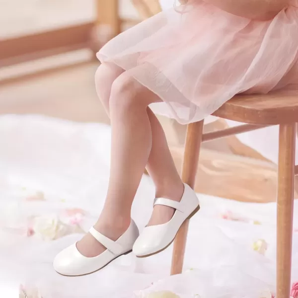 imagePANDANINJIA Girls Dress Shoes Toddler Flower Girl Kids Mary Jane Shoes Ballet Flats School Wedding Party Church Girls ShoesWhite Pu