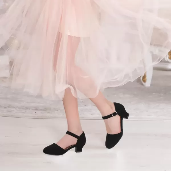 imagePANDANINJIA Girls Heels Dress Shoes Flower Girl Ankle Strap Closed Toe Toddler Heels Wedding Party Little Big Kids Pump ShoesBlack Nubuck