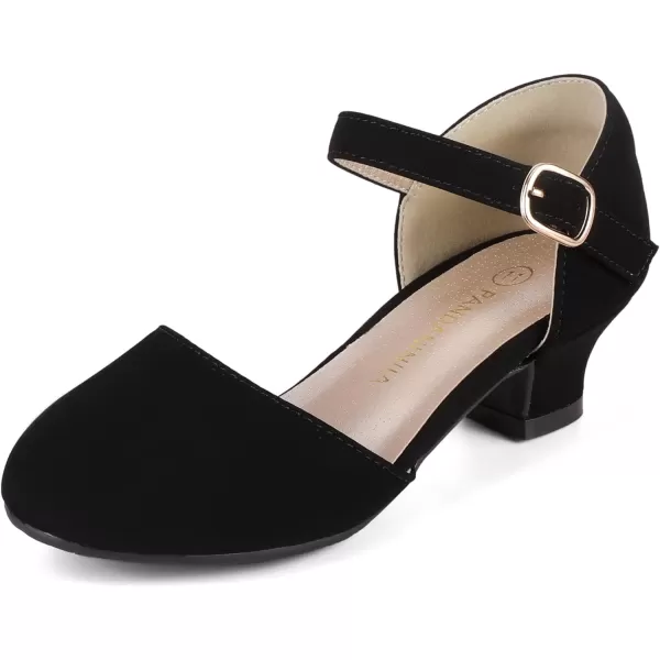 imagePANDANINJIA Girls Heels Dress Shoes Flower Girl Ankle Strap Closed Toe Toddler Heels Wedding Party Little Big Kids Pump ShoesBlack Nubuck