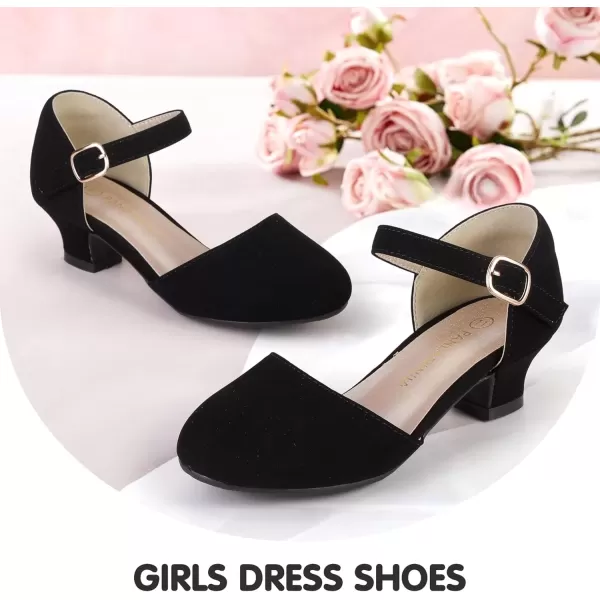 imagePANDANINJIA Girls Heels Dress Shoes Flower Girl Ankle Strap Closed Toe Toddler Heels Wedding Party Little Big Kids Pump ShoesBlack Nubuck