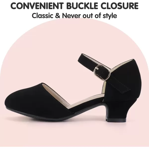 imagePANDANINJIA Girls Heels Dress Shoes Flower Girl Ankle Strap Closed Toe Toddler Heels Wedding Party Little Big Kids Pump ShoesBlack Nubuck